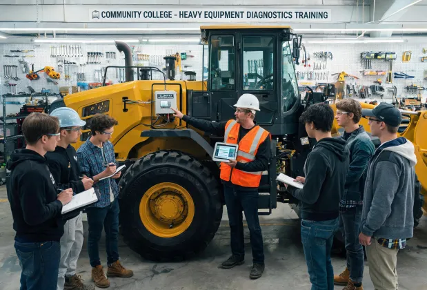 Students learning wheel loader diagnostics