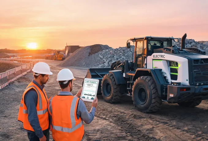 VolvoBuild CE founder and site engineer beside electric wheel loader