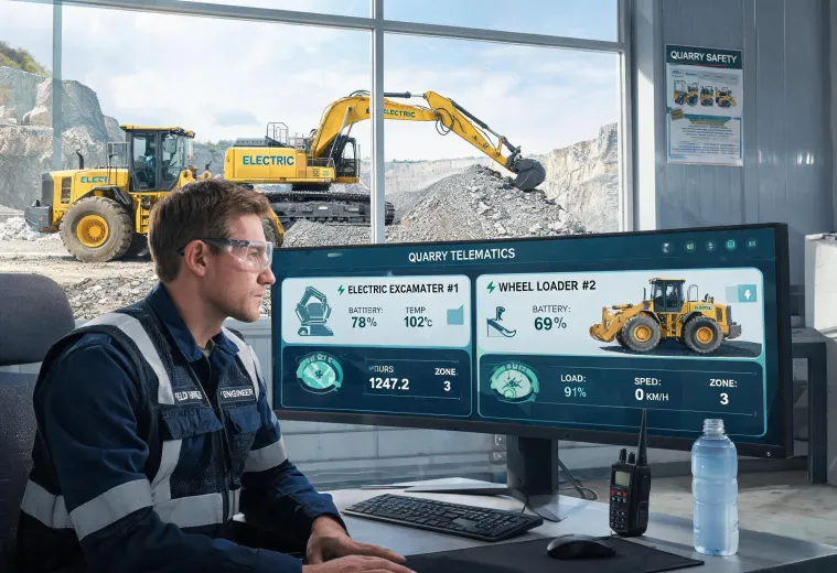 Electric construction fleet dashboard at quarry