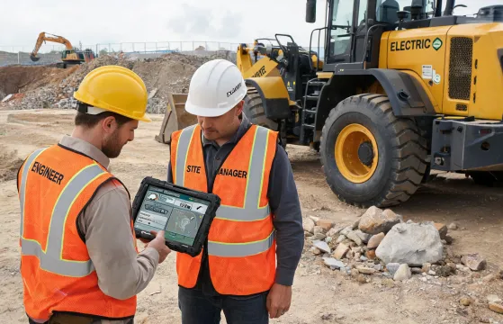 Engineer reviewing excavator telematics with site manager