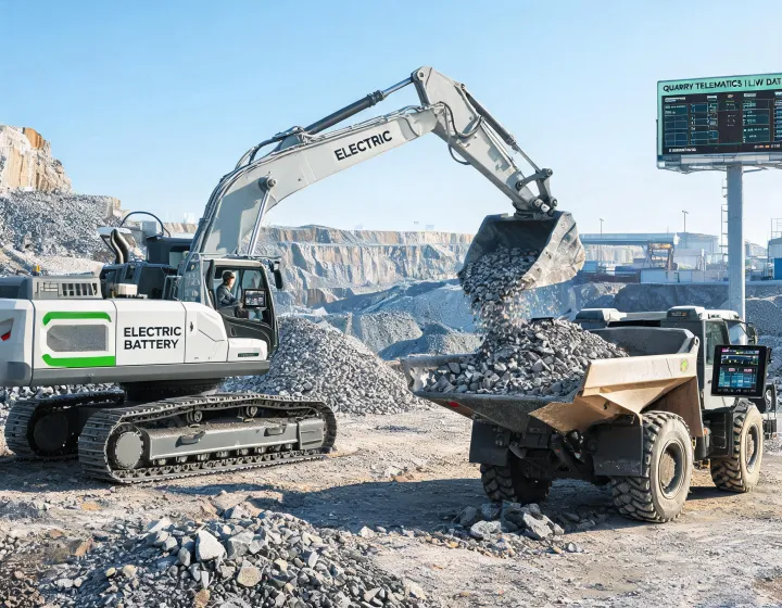 Electric crawler excavator loading aggregate at a smart construction site